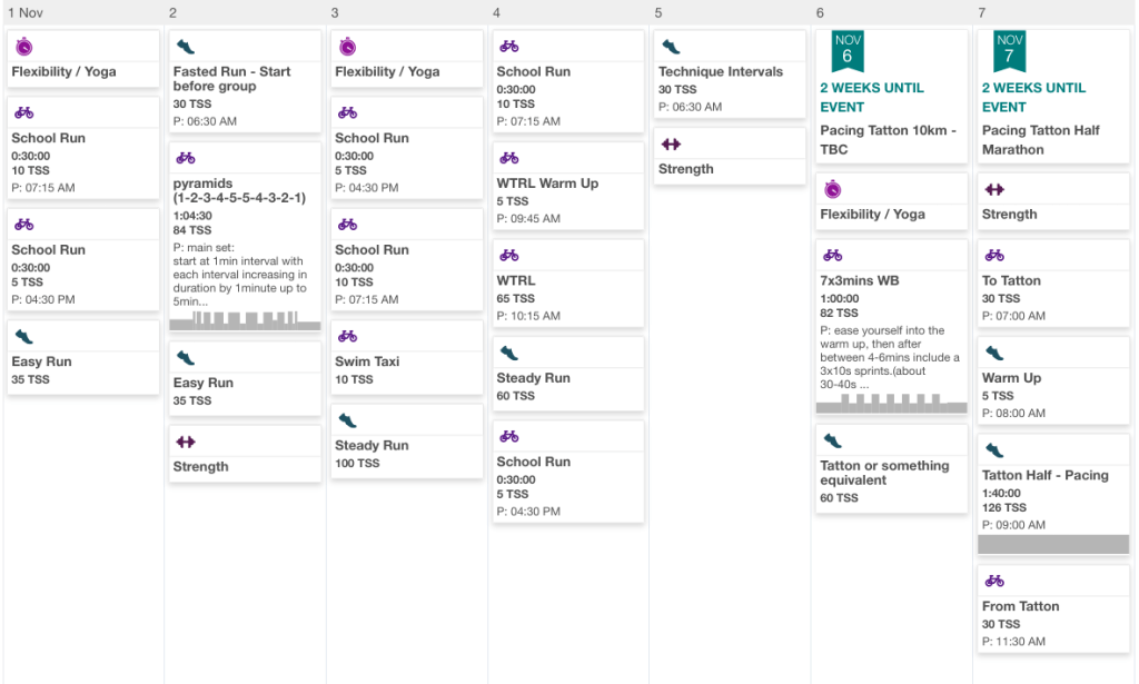 A week's training calender further populated - details in text.