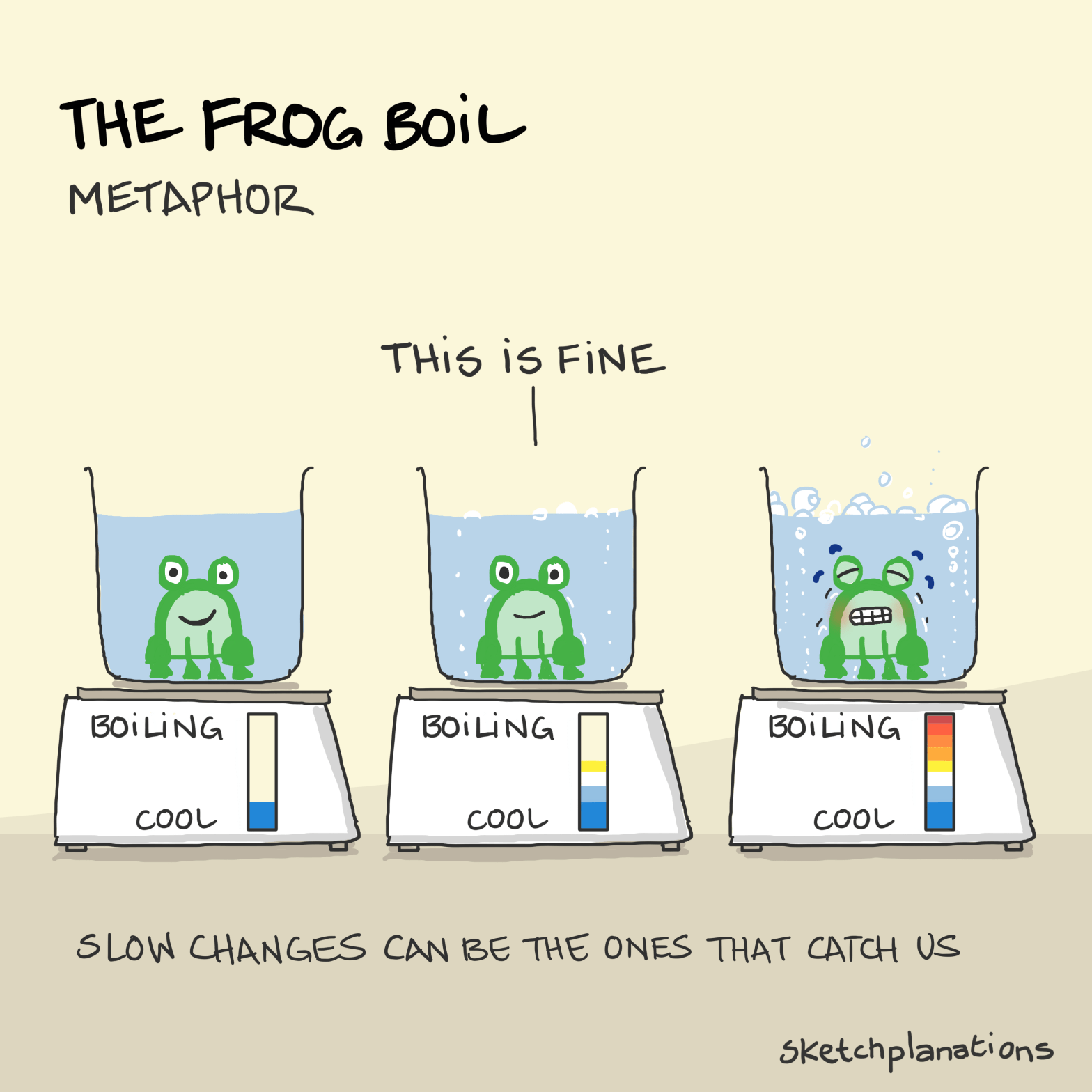 Drawing of a frog in a beaker being heated and not being aware of the changes